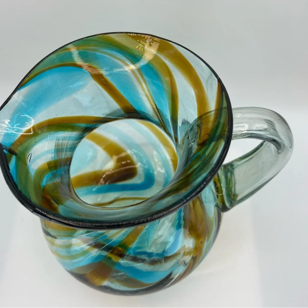 Mexican Hand Blown Art Glass Pitcher Turquoise Brown Vessel With Handle Swirl